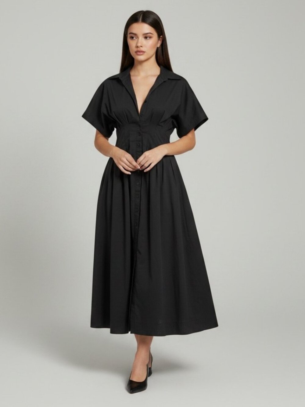 Exquise Black Shirt Dress S Pleated Waist Midi Minimalist Career Cocktail